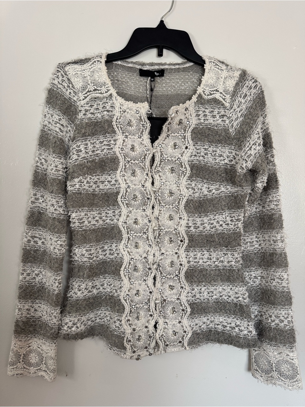 Ryu Gray & White Striped Crochet-Trim Cardigan